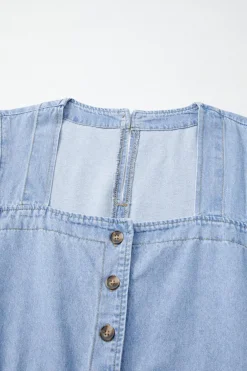 Sale Dear-Lover Denim Button Detail Babydoll Square Neck Mini Dress Beau Blue