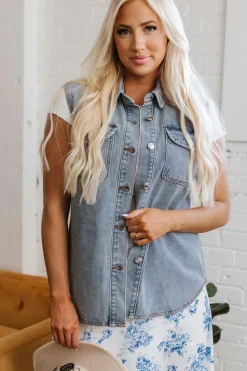 Clearance Dear-Lover Denim Flap Pocket Curved Hem Shirt Vest Beau Blue