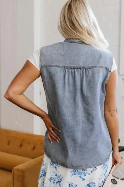 Clearance Dear-Lover Denim Flap Pocket Curved Hem Shirt Vest Beau Blue