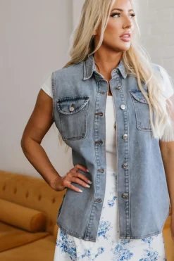 Clearance Dear-Lover Denim Flap Pocket Curved Hem Shirt Vest Beau Blue