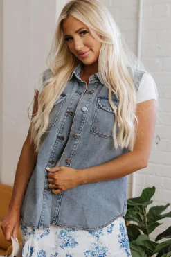 Clearance Dear-Lover Denim Flap Pocket Curved Hem Shirt Vest Beau Blue