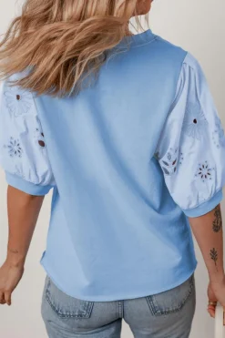 Sale Dear-Lover Eyelet Flower Embroidered Puff Short Sleeve Patchwork Crew Neck Blouse Beau Blue