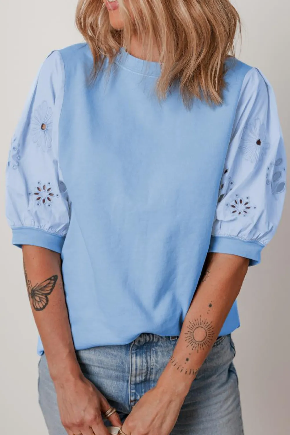 Sale Dear-Lover Eyelet Flower Embroidered Puff Short Sleeve Patchwork Crew Neck Blouse Beau Blue