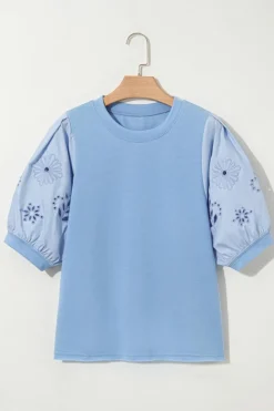 Sale Dear-Lover Eyelet Flower Embroidered Puff Short Sleeve Patchwork Crew Neck Blouse Beau Blue