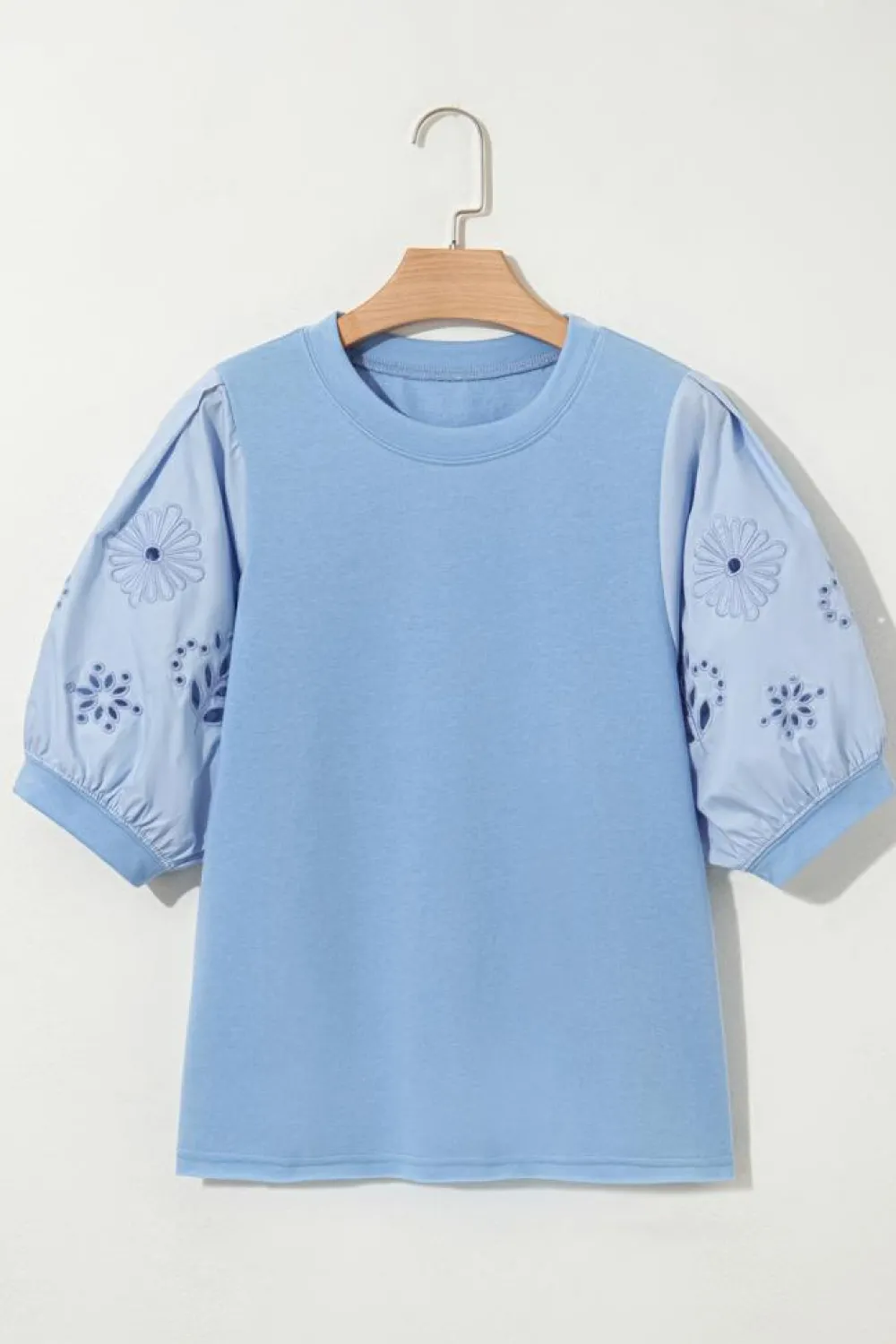 Sale Dear-Lover Eyelet Flower Embroidered Puff Short Sleeve Patchwork Crew Neck Blouse Beau Blue