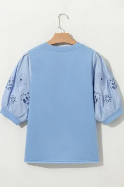 Sale Dear-Lover Eyelet Flower Embroidered Puff Short Sleeve Patchwork Crew Neck Blouse Beau Blue