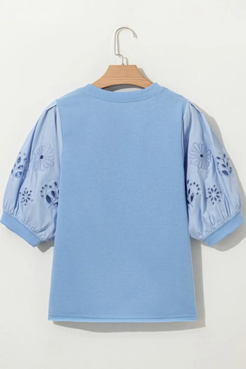 Sale Dear-Lover Eyelet Flower Embroidered Puff Short Sleeve Patchwork Crew Neck Blouse Beau Blue