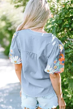Hot Dear-Lover Floral Embroidered Puff Sleeve Split Neck Blouse Beau Blue
