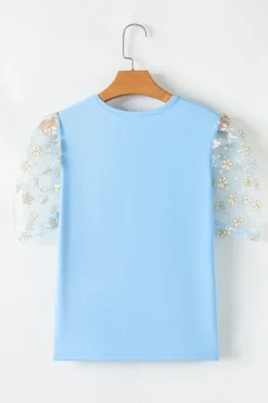 New Dear-Lover Floral Mesh Puff Sleeve Crew Neck Top Beau Blue