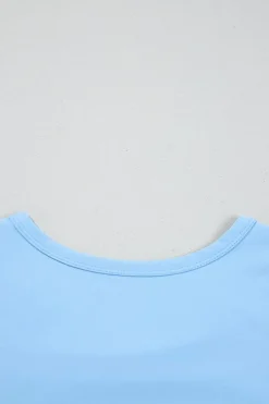 New Dear-Lover Floral Mesh Puff Sleeve Crew Neck Top Beau Blue