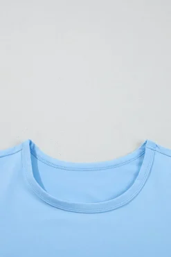 New Dear-Lover Floral Mesh Puff Sleeve Crew Neck Top Beau Blue