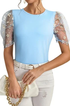 New Dear-Lover Floral Mesh Puff Sleeve Crew Neck Top Beau Blue