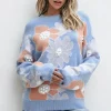 Best Dear-Lover Floral O Neck Drop Shoulder Knitted Sweater Beau Blue