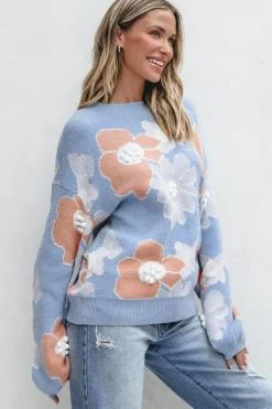 Best Dear-Lover Floral O Neck Drop Shoulder Knitted Sweater Beau Blue