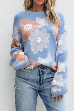 Best Dear-Lover Floral O Neck Drop Shoulder Knitted Sweater Beau Blue