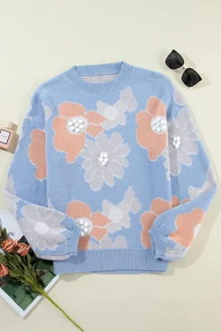 Best Dear-Lover Floral O Neck Drop Shoulder Knitted Sweater Beau Blue