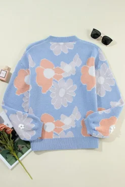 Best Dear-Lover Floral O Neck Drop Shoulder Knitted Sweater Beau Blue