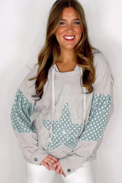 Online Dear-Lover Floral Patchwork Star Pattern Drawstring Hoodie Beau Blue
