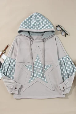 Online Dear-Lover Floral Patchwork Star Pattern Drawstring Hoodie Beau Blue