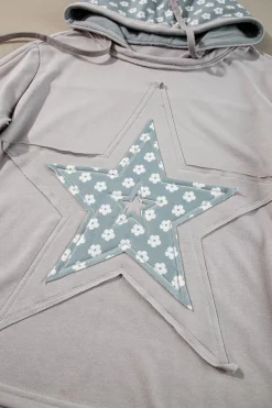 Online Dear-Lover Floral Patchwork Star Pattern Drawstring Hoodie Beau Blue