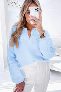 New Dear-Lover Flower Detail Knitted Notched Neck Sweater Beau Blue