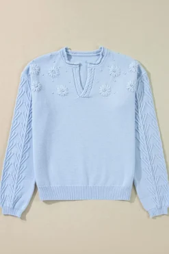New Dear-Lover Flower Detail Knitted Notched Neck Sweater Beau Blue