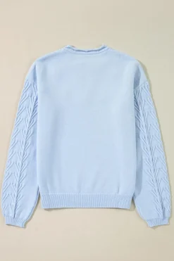 New Dear-Lover Flower Detail Knitted Notched Neck Sweater Beau Blue