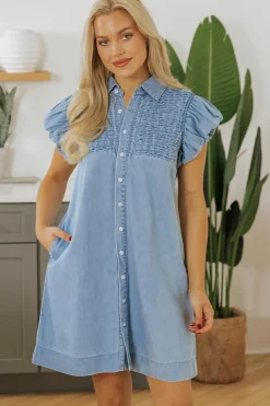 New Dear-Lover Flutter Sleeve Shirred Detail Button Up Denim Mini Dress Beau Blue