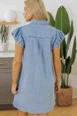 New Dear-Lover Flutter Sleeve Shirred Detail Button Up Denim Mini Dress Beau Blue