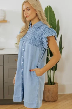 New Dear-Lover Flutter Sleeve Shirred Detail Button Up Denim Mini Dress Beau Blue