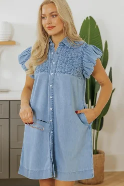 New Dear-Lover Flutter Sleeve Shirred Detail Button Up Denim Mini Dress Beau Blue