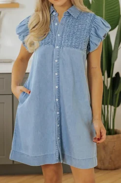 New Dear-Lover Flutter Sleeve Shirred Detail Button Up Denim Mini Dress Beau Blue