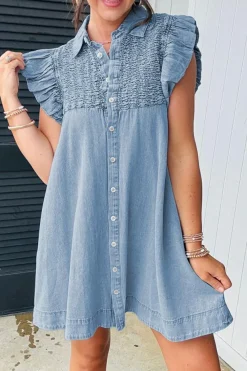New Dear-Lover Flutter Sleeve Shirred Detail Button Up Denim Mini Dress Beau Blue