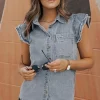 Sale Dear-Lover Frayed Ruffle Sleeve Denim Shirt Beau Blue