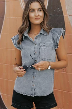 Sale Dear-Lover Frayed Ruffle Sleeve Denim Shirt Beau Blue