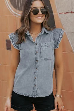 Sale Dear-Lover Frayed Ruffle Sleeve Denim Shirt Beau Blue