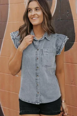 Sale Dear-Lover Frayed Ruffle Sleeve Denim Shirt Beau Blue