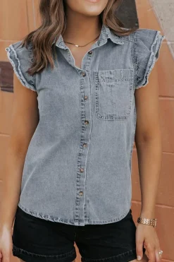 Sale Dear-Lover Frayed Ruffle Sleeve Denim Shirt Beau Blue