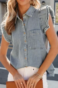Sale Dear-Lover Frayed Ruffle Sleeve Denim Shirt Beau Blue