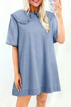 Online Dear-Lover Frilled Peter Pan Collar Loose Denim Short Dress Beau Blue