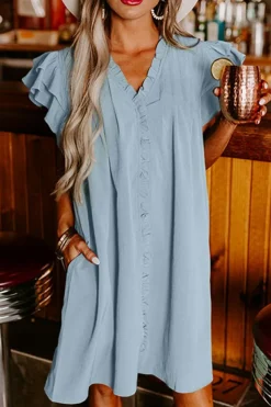 Hot Dear-Lover Frilled V Neck Pleated Ruffle Detail Short Shift Dress Beau Blue