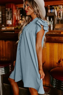 Hot Dear-Lover Frilled V Neck Pleated Ruffle Detail Short Shift Dress Beau Blue
