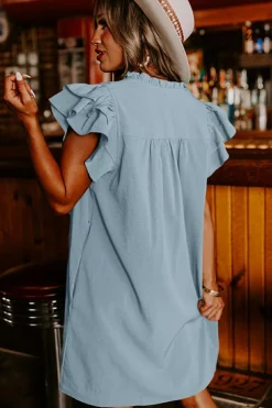Hot Dear-Lover Frilled V Neck Pleated Ruffle Detail Short Shift Dress Beau Blue