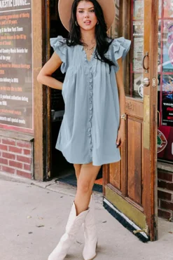 Hot Dear-Lover Frilled V Neck Pleated Ruffle Detail Short Shift Dress Beau Blue