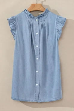 Online Dear-Lover Frilly Pleated Button Back Retro Chambray Top Beau Blue