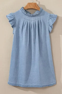 Online Dear-Lover Frilly Pleated Button Back Retro Chambray Top Beau Blue