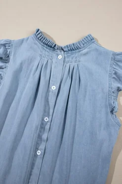 Online Dear-Lover Frilly Pleated Button Back Retro Chambray Top Beau Blue