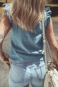 Online Dear-Lover Frilly Ruffle Trim V Neck Chambray Tank Top Beau Blue