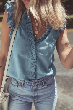 Online Dear-Lover Frilly Ruffle Trim V Neck Chambray Tank Top Beau Blue