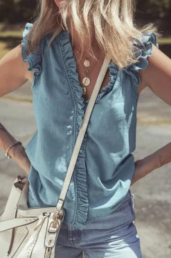 Online Dear-Lover Frilly Ruffle Trim V Neck Chambray Tank Top Beau Blue